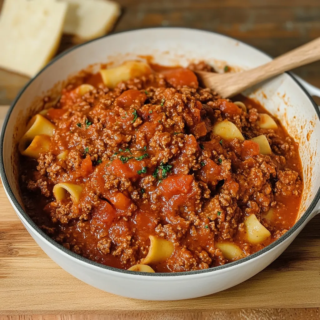 Une assiette de spaghetti nappée de sauce bolognaise maison, garnie de parmesan râpé et d’herbes fraîches.