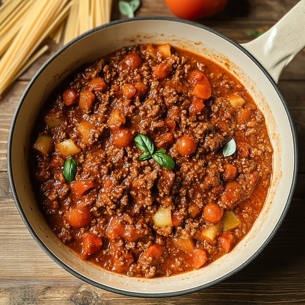 Une assiette de spaghetti nappée de sauce bolognaise maison, garnie de parmesan râpé et d’herbes fraîches.