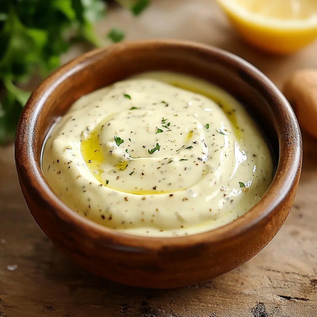 Bol de sauce légère pour salades et crudités, avec des herbes fraîches et une cuillère en bois.