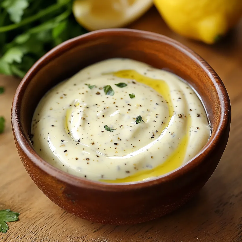 Bol de sauce légère pour salades et crudités, avec des herbes fraîches et une cuillère en bois.