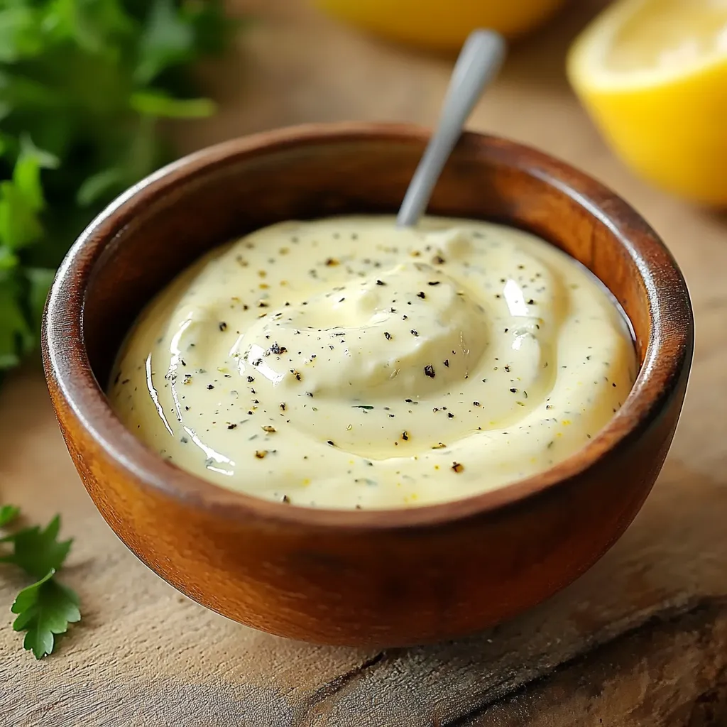 Bol de sauce légère pour salades et crudités, avec des herbes fraîches et une cuillère en bois.