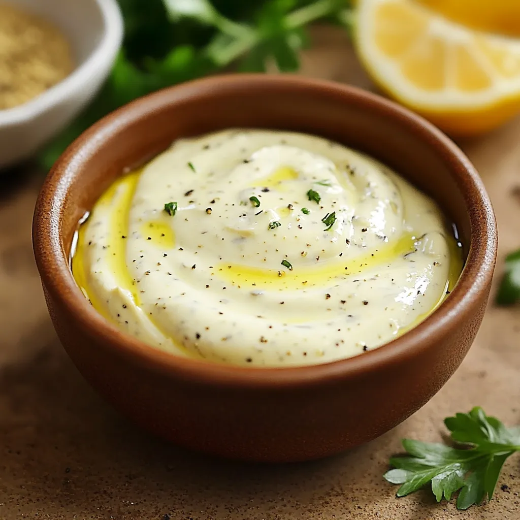 Bol de sauce légère pour salades et crudités, avec des herbes fraîches et une cuillère en bois.