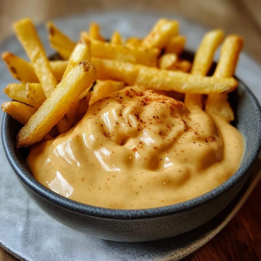 Sauce au fromage crémeuse versée sur des frites dorées et croustillantes.