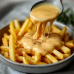 Sauce au fromage crémeuse versée sur des frites dorées et croustillantes.