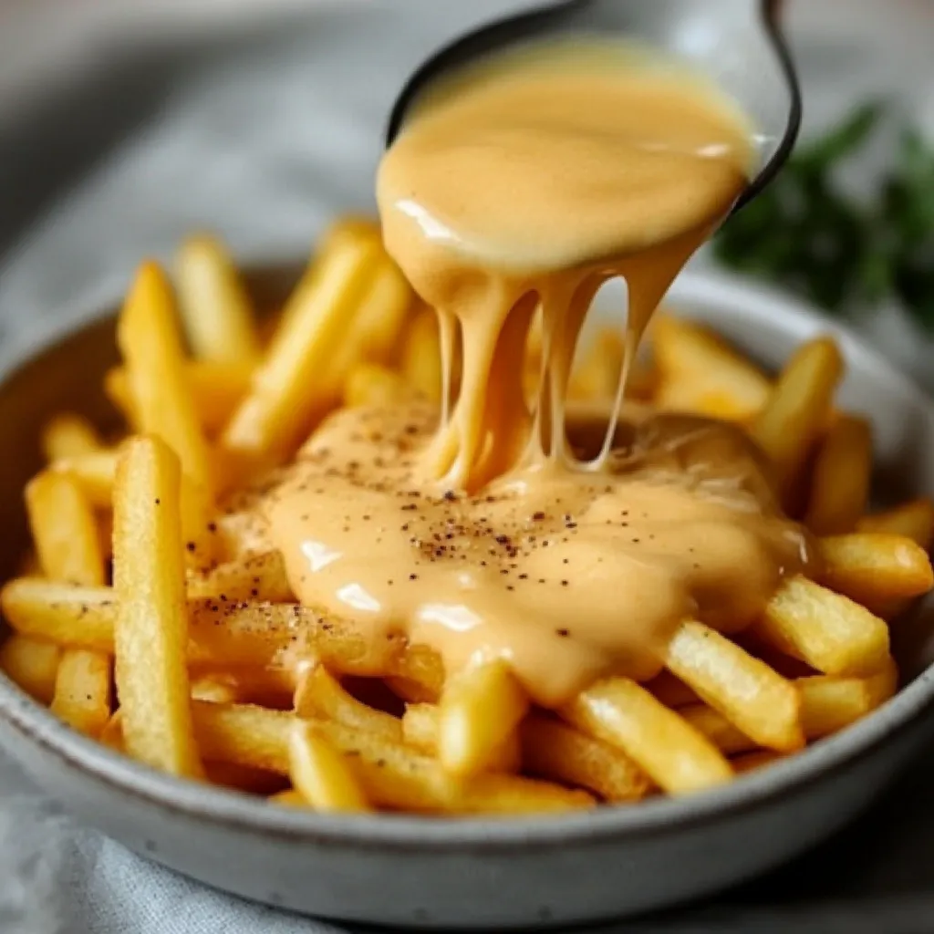 Sauce au fromage crémeuse versée sur des frites dorées et croustillantes.