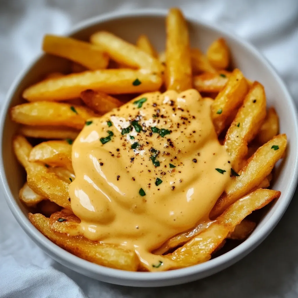 Sauce au fromage crémeuse versée sur des frites dorées et croustillantes.