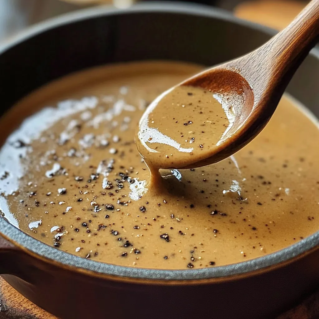 Sauce au poivre maison servie sur un steak grillé, avec une texture onctueuse et des grains de poivre concassés visibles.