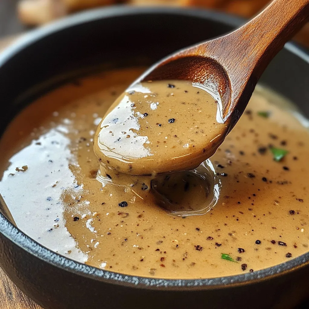 Sauce au poivre maison servie sur un steak grillé, avec une texture onctueuse et des grains de poivre concassés visibles.