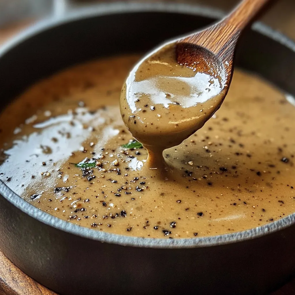 Sauce au poivre maison servie sur un steak grillé, avec une texture onctueuse et des grains de poivre concassés visibles.