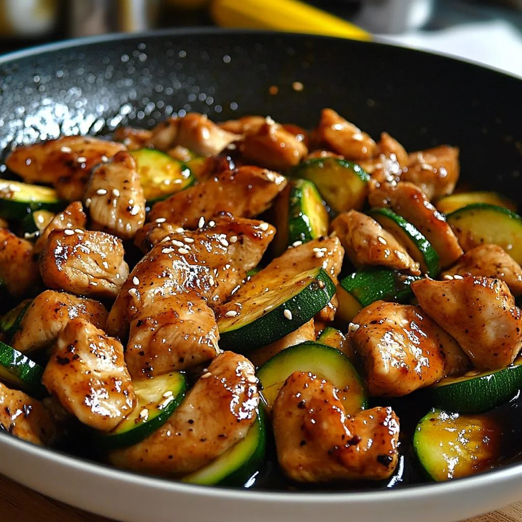 Sauté de poulet et courgette à la sauce soja, servi dans une assiette avec du riz