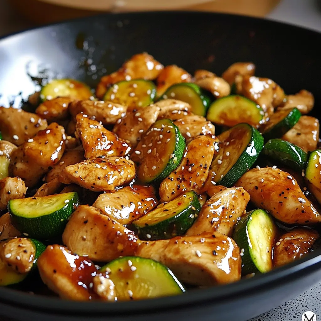 Sauté de poulet et courgette à la sauce soja, servi dans une assiette avec du riz