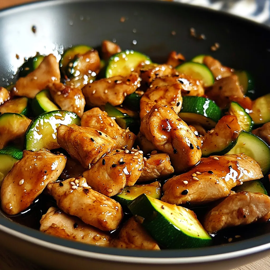 Sauté de poulet et courgette à la sauce soja, servi dans une assiette avec du riz