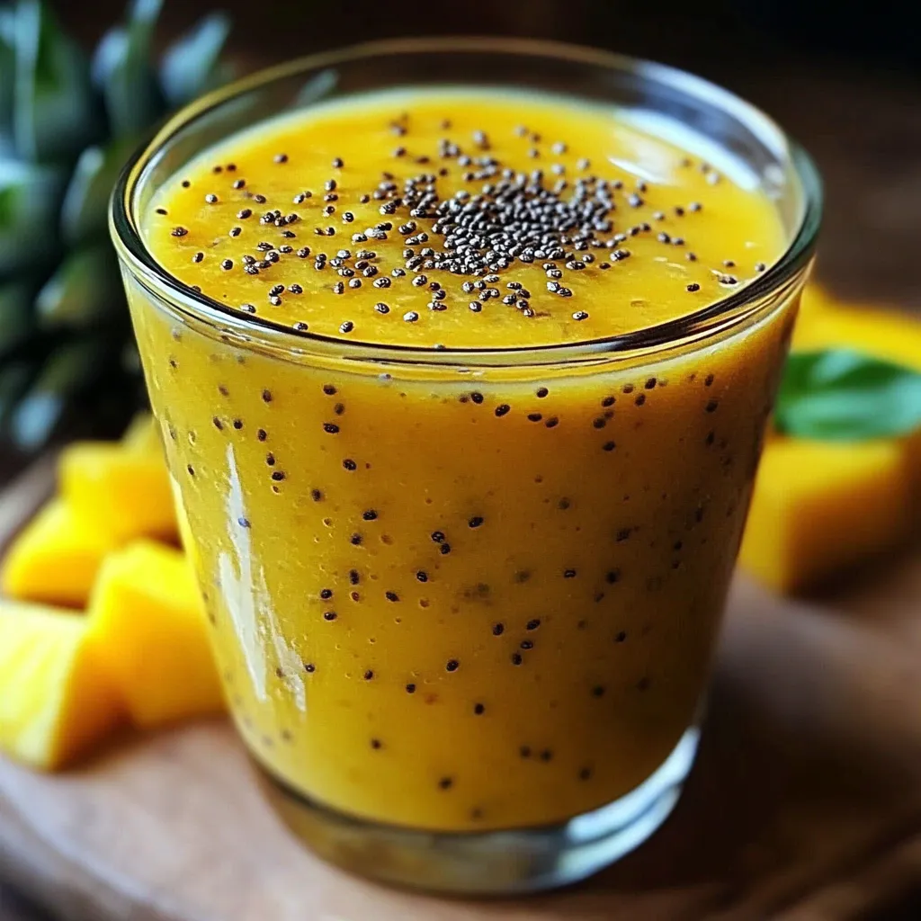 Smoothie brûle-graisse ananas et mangue dans un verre, accompagné de feuilles de menthe et d’un fond tropical.