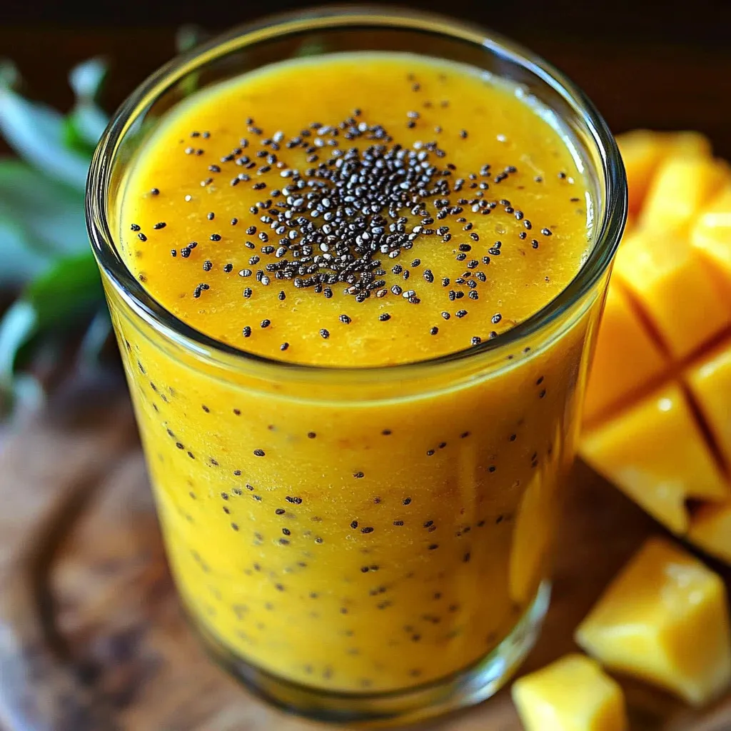 Smoothie brûle-graisse ananas et mangue dans un verre, accompagné de feuilles de menthe et d’un fond tropical.