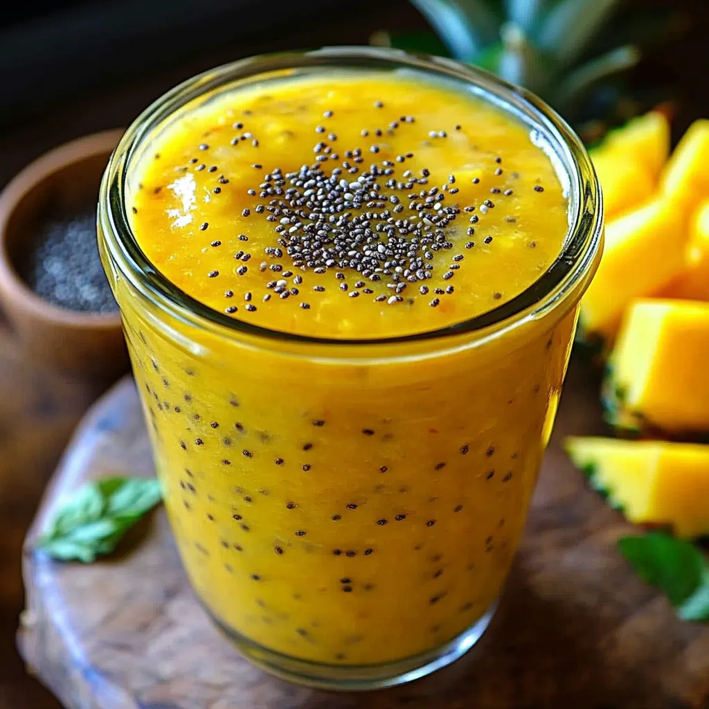Smoothie brûle-graisse ananas et mangue dans un verre, accompagné de feuilles de menthe et d’un fond tropical.