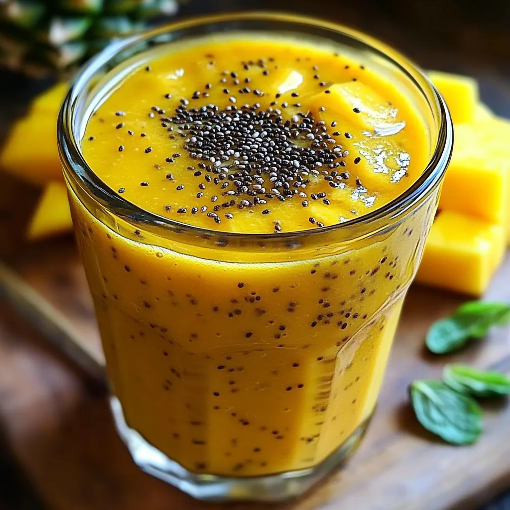 Smoothie brûle-graisse ananas et mangue dans un verre, accompagné de feuilles de menthe et d’un fond tropical.