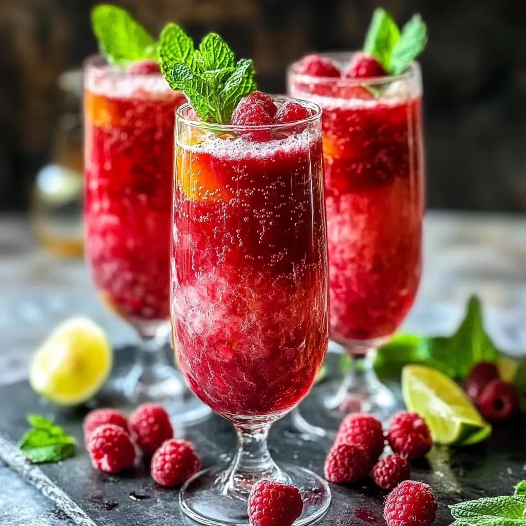 Verres de soupe de framboise pétillante avec feuilles de menthe, servis frais sur une table d’été.