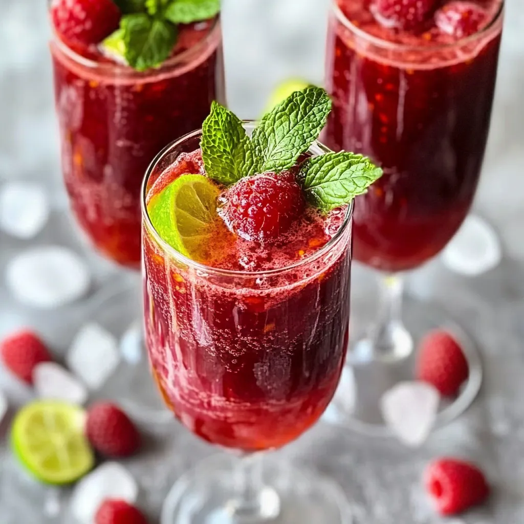 Verres de soupe de framboise pétillante avec feuilles de menthe, servis frais sur une table d’été.