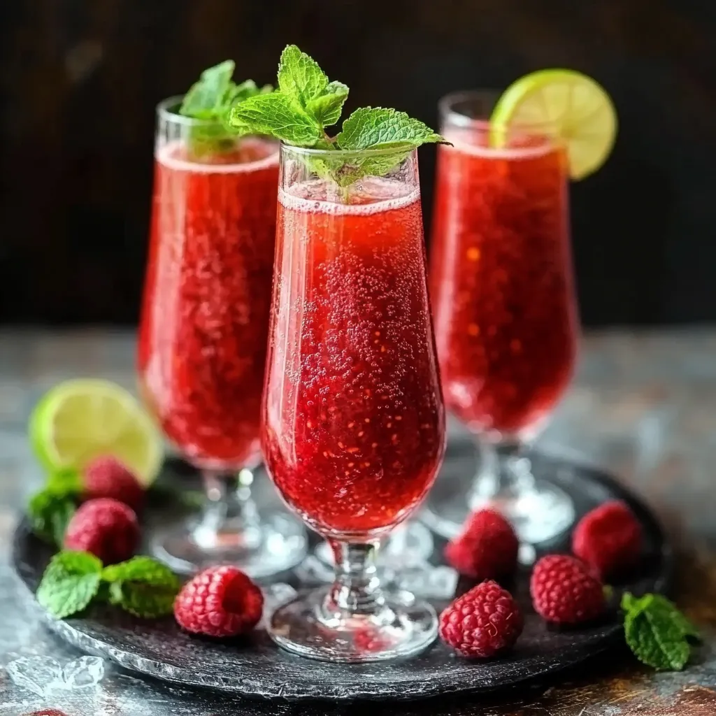 Verres de soupe de framboise pétillante avec feuilles de menthe, servis frais sur une table d’été.