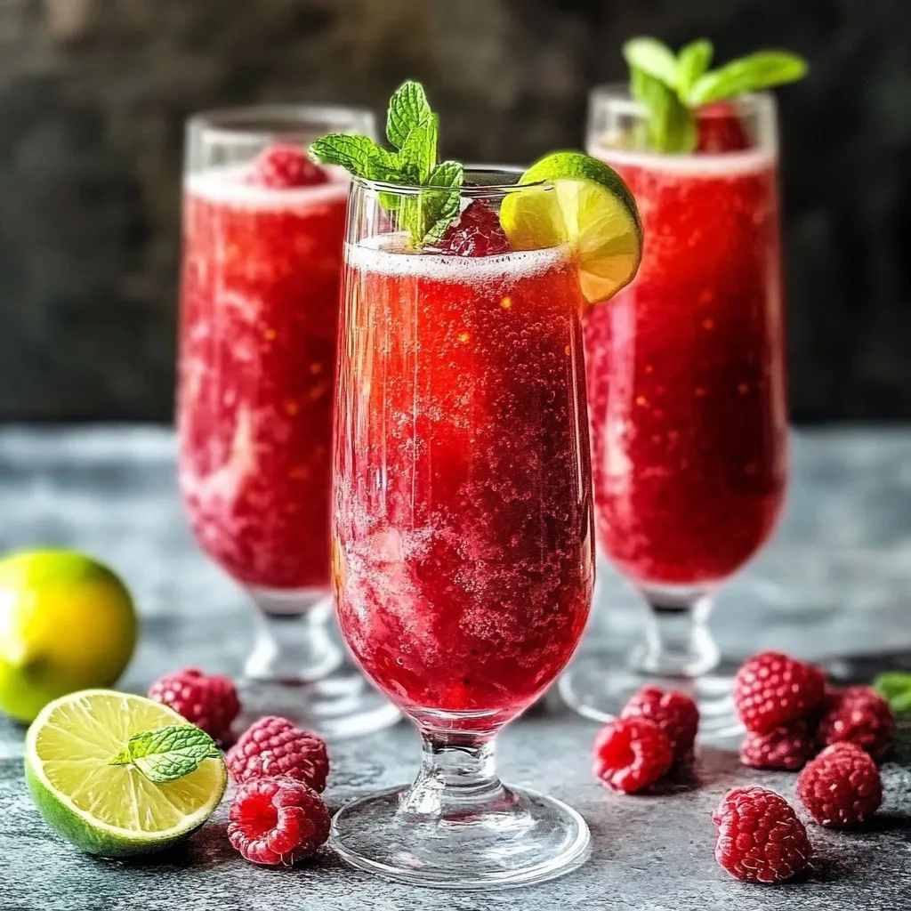 Verres de soupe de framboise pétillante avec feuilles de menthe, servis frais sur une table d’été.