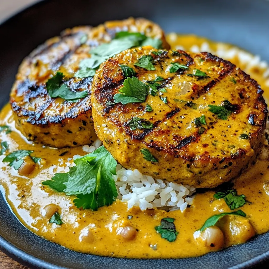 Steaks de pois chiches au curry, dorés et croustillants, accompagnés d’une sauce onctueuse au lait de coco et aux noix de cajou.