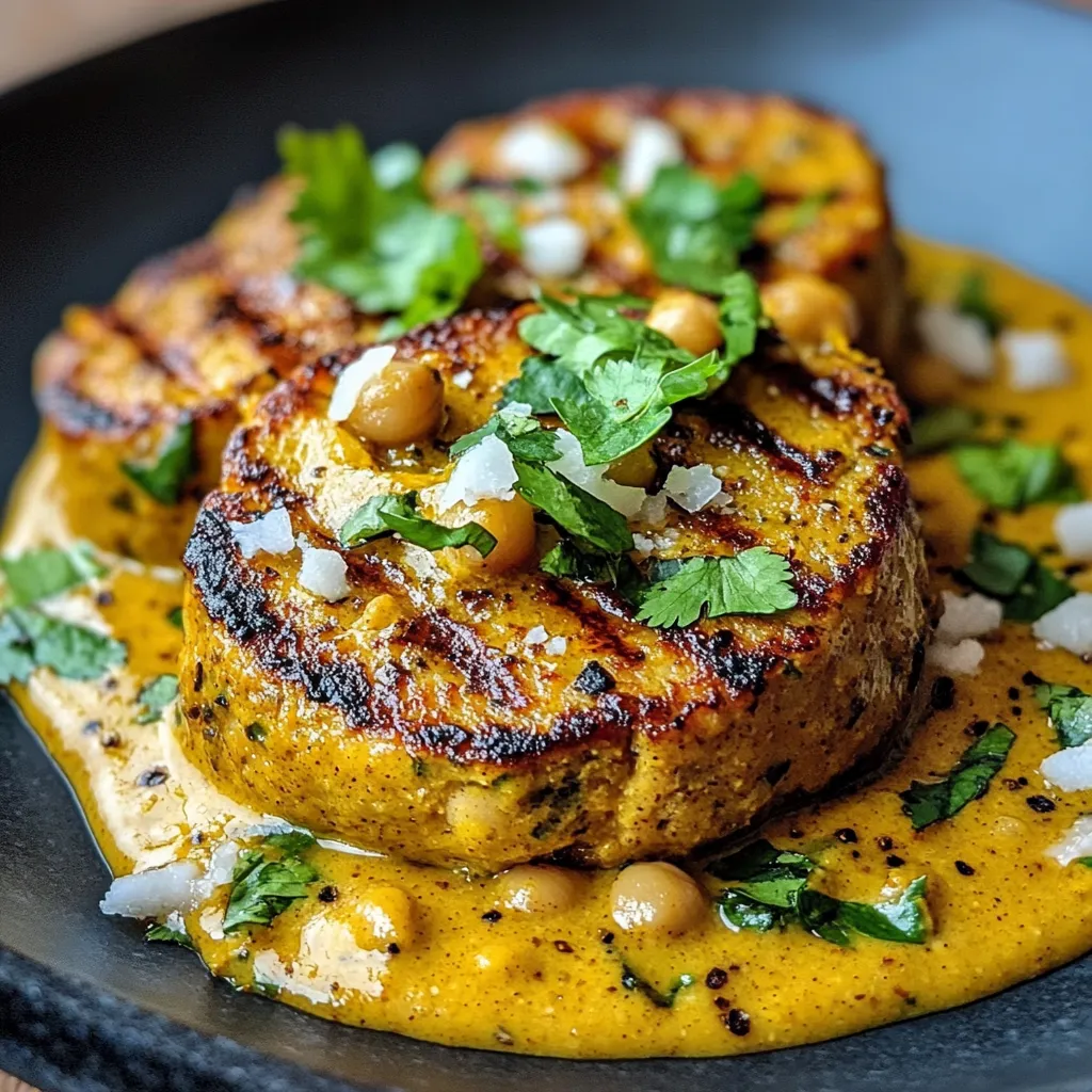 Steaks de pois chiches au curry, dorés et croustillants, accompagnés d’une sauce onctueuse au lait de coco et aux noix de cajou.