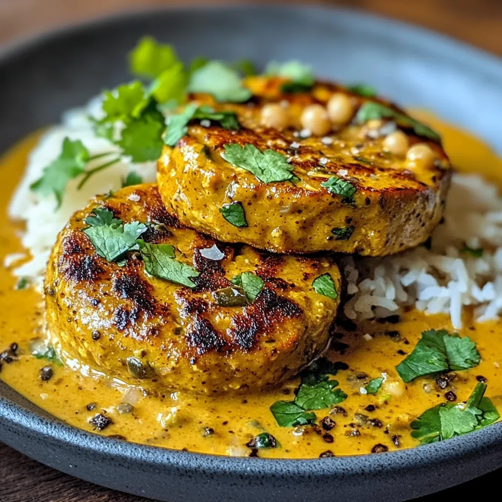 Steaks de pois chiches au curry, dorés et croustillants, accompagnés d’une sauce onctueuse au lait de coco et aux noix de cajou.
