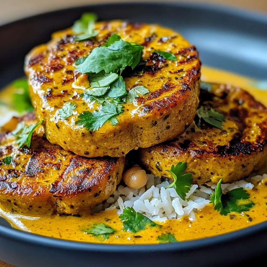 Steaks de pois chiches au curry, dorés et croustillants, accompagnés d’une sauce onctueuse au lait de coco et aux noix de cajou.