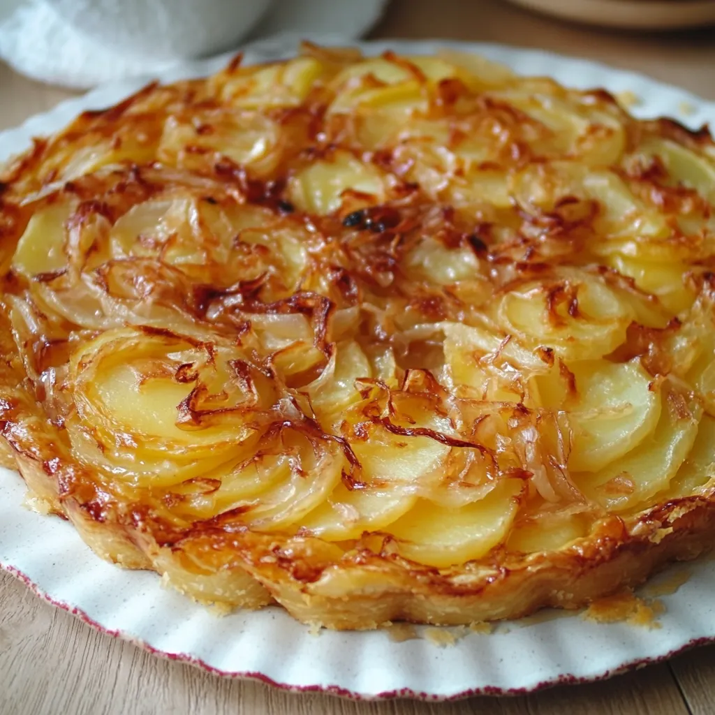 Tarte à l’oignon et au Reblochon dorée et fondante sur une assiette