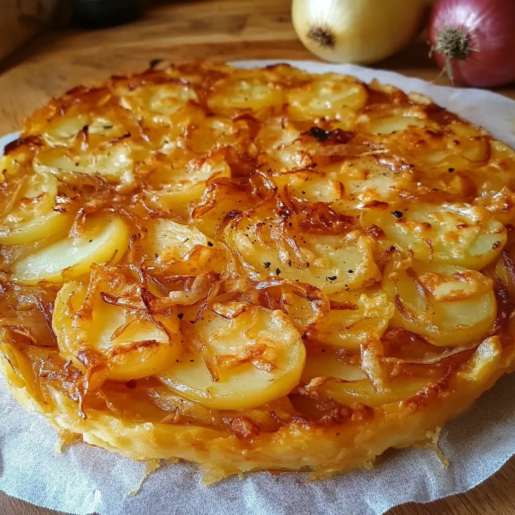 Tarte à l’oignon et au Reblochon dorée et fondante sur une assiette