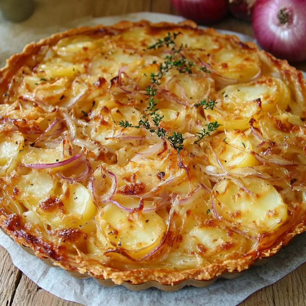 Tarte à l’oignon et au Reblochon dorée et fondante sur une assiette