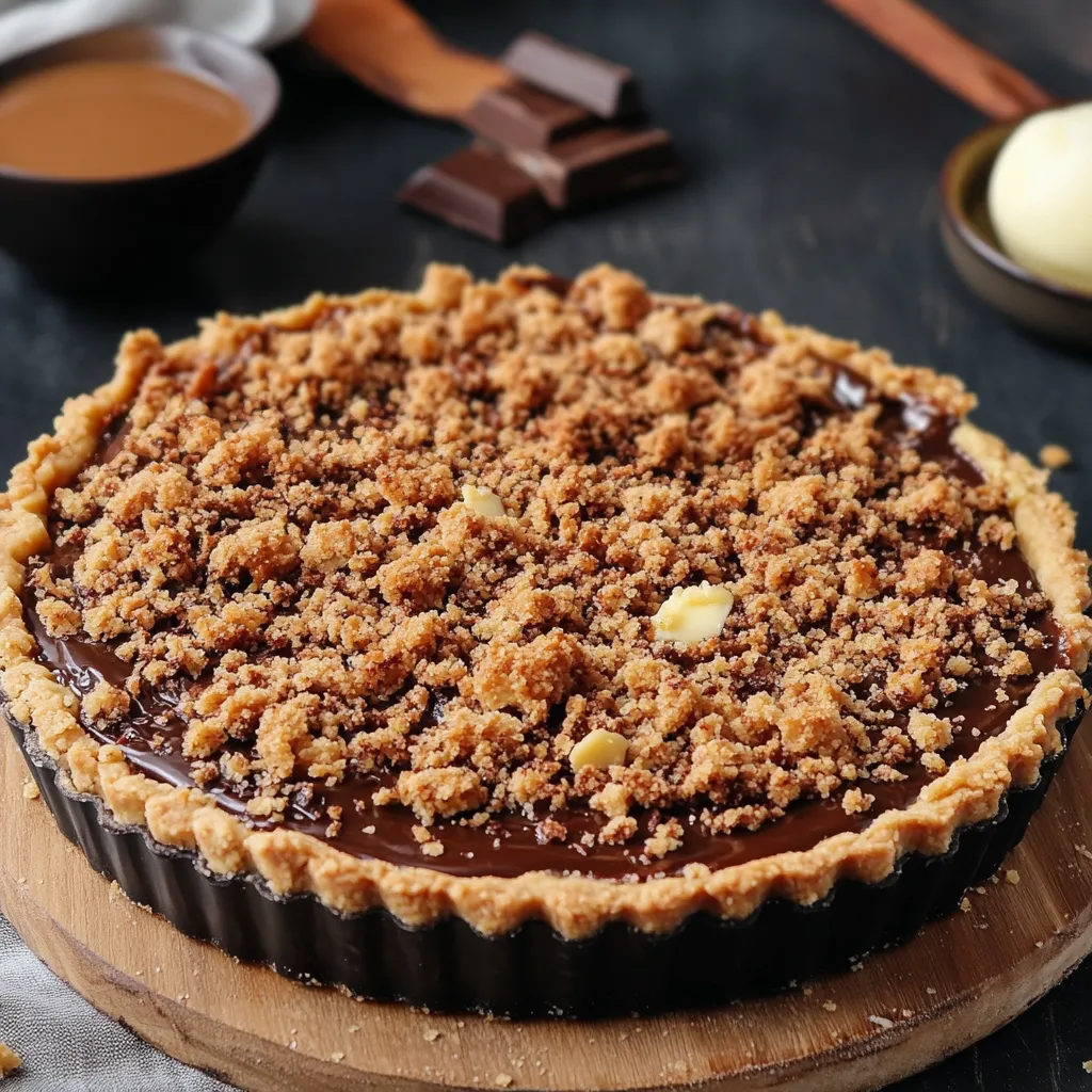 Tarte au chocolat super fondante avec une base sablée croustillante et un crumble doré, servie sur une assiette en bois.