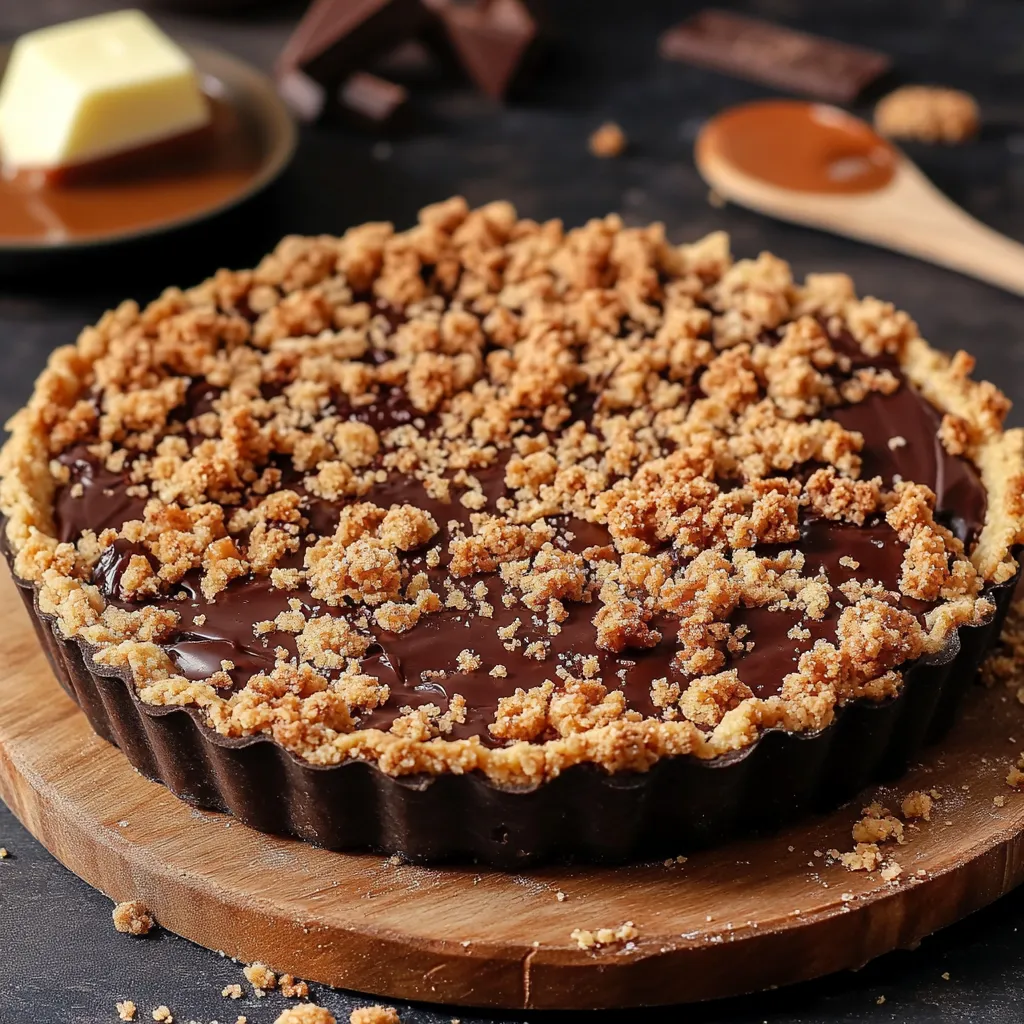 Tarte au chocolat super fondante avec une base sablée croustillante et un crumble doré, servie sur une assiette en bois.