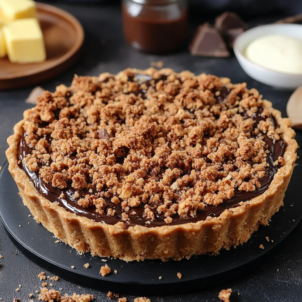 Tarte au chocolat super fondante avec une base sablée croustillante et un crumble doré, servie sur une assiette en bois.