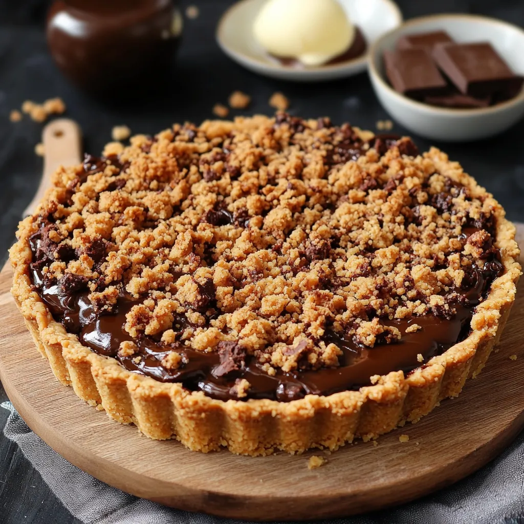 Tarte au chocolat super fondante avec une base sablée croustillante et un crumble doré, servie sur une assiette en bois.