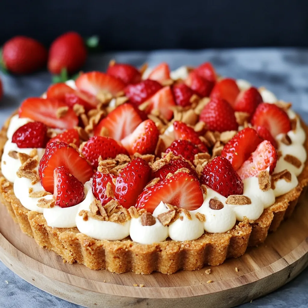 Tarte aux fraises et aux spéculoos sans cuisson, avec une crème onctueuse et des fraises fraîches joliment disposées.