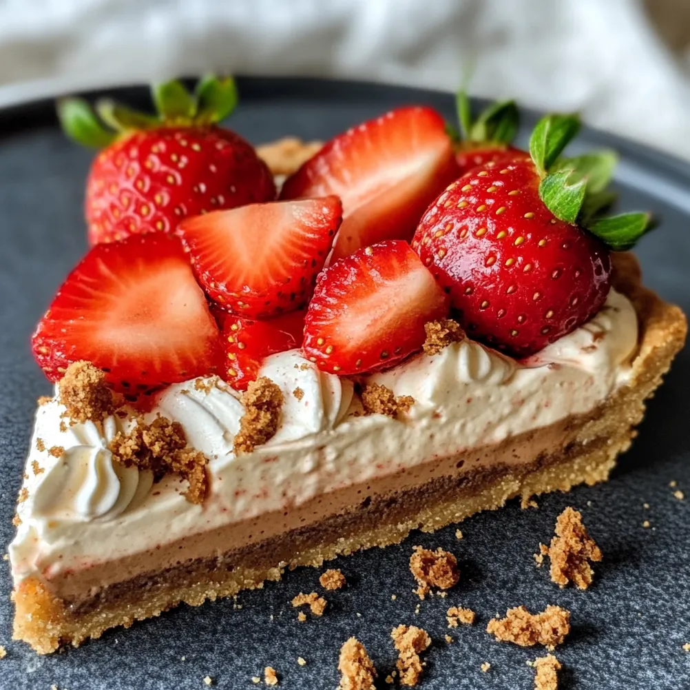 Tarte aux fraises et aux spéculoos sans cuisson sur une assiette, avec une crème mascarpone onctueuse et des fraises fraîches brillantes.