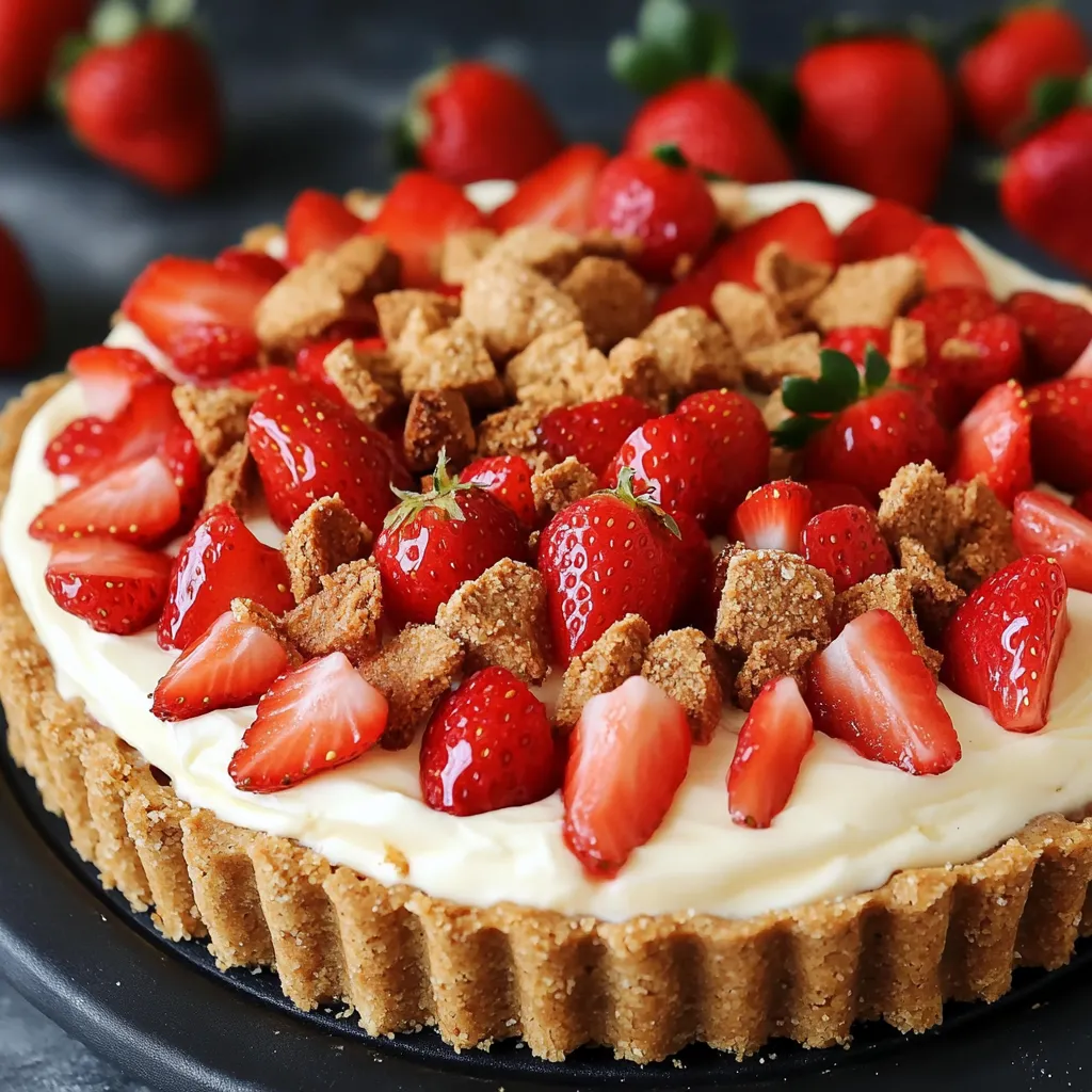 Tarte aux fraises et aux spéculoos sans cuisson, avec une crème onctueuse et des fraises fraîches joliment disposées.