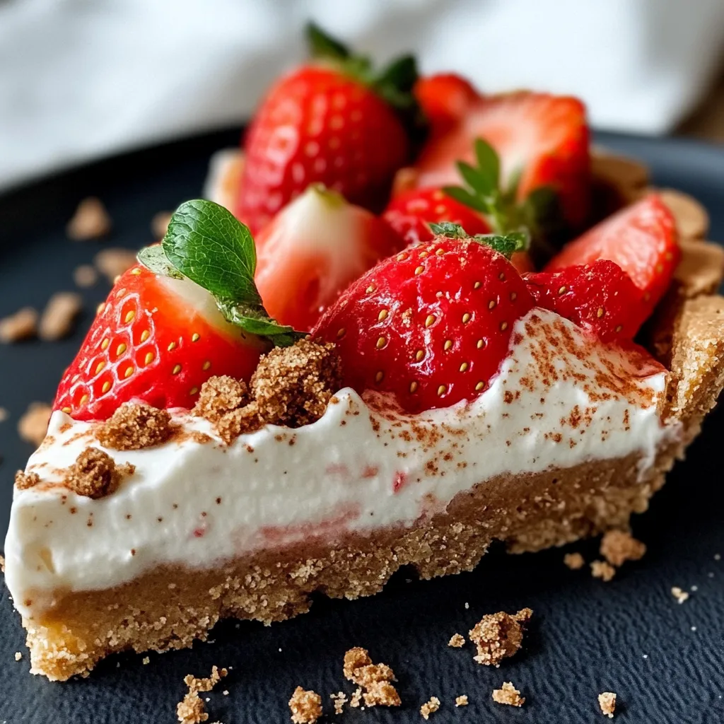 Tarte aux fraises et aux spéculoos sans cuisson sur une assiette, avec une crème mascarpone onctueuse et des fraises fraîches brillantes.