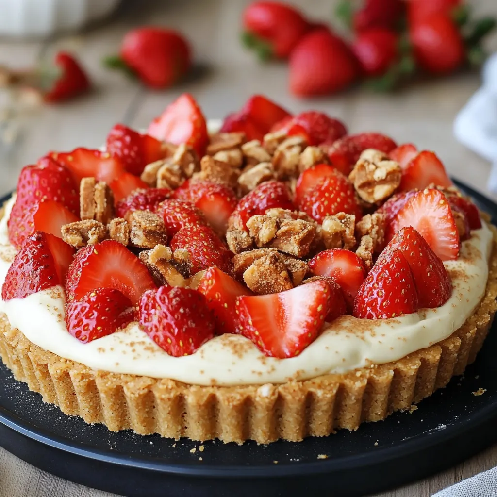 Tarte aux fraises et aux spéculoos sans cuisson, avec une crème onctueuse et des fraises fraîches joliment disposées.
