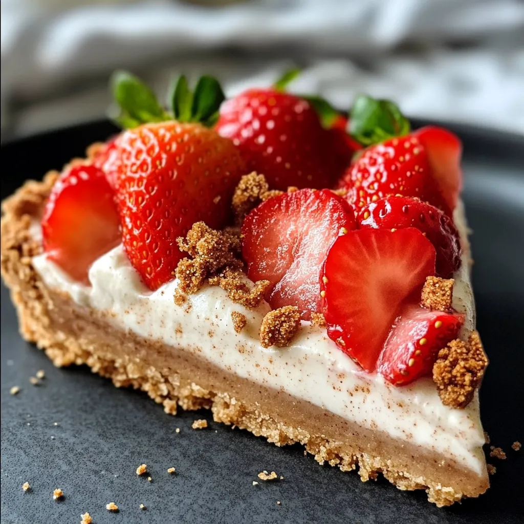 Tarte aux fraises et aux spéculoos sans cuisson sur une assiette, avec une crème mascarpone onctueuse et des fraises fraîches brillantes.