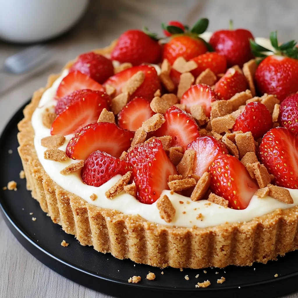Tarte aux fraises et aux spéculoos sans cuisson, avec une crème onctueuse et des fraises fraîches joliment disposées.