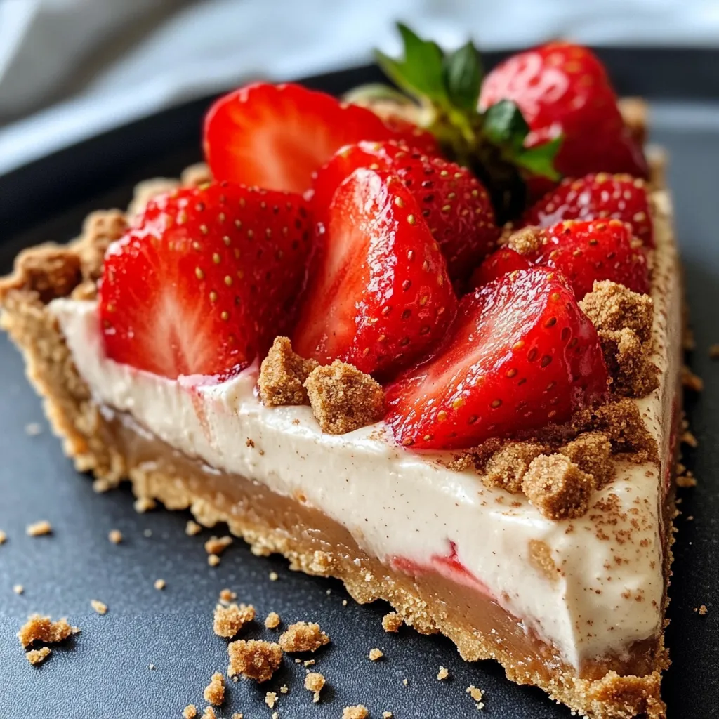 Tarte aux fraises et aux spéculoos sans cuisson sur une assiette, avec une crème mascarpone onctueuse et des fraises fraîches brillantes.