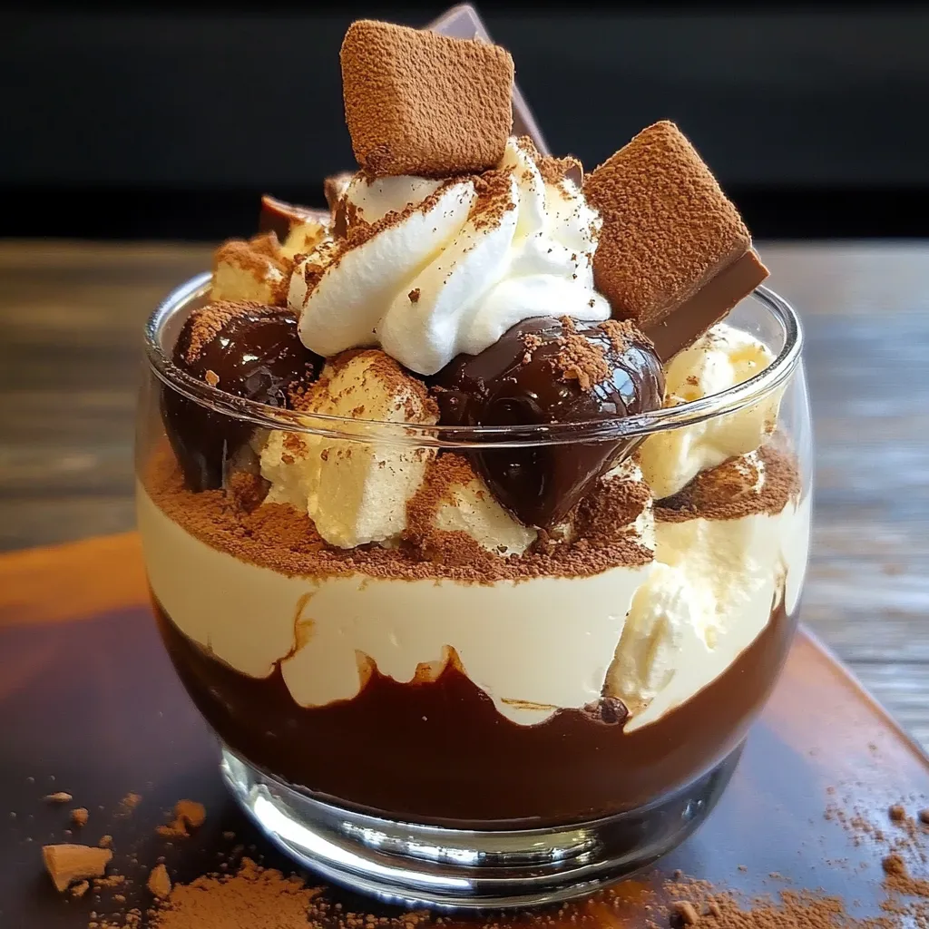 Tiramisu au chocolat avec chantilly croquante servi dans un plat, saupoudré de cacao.