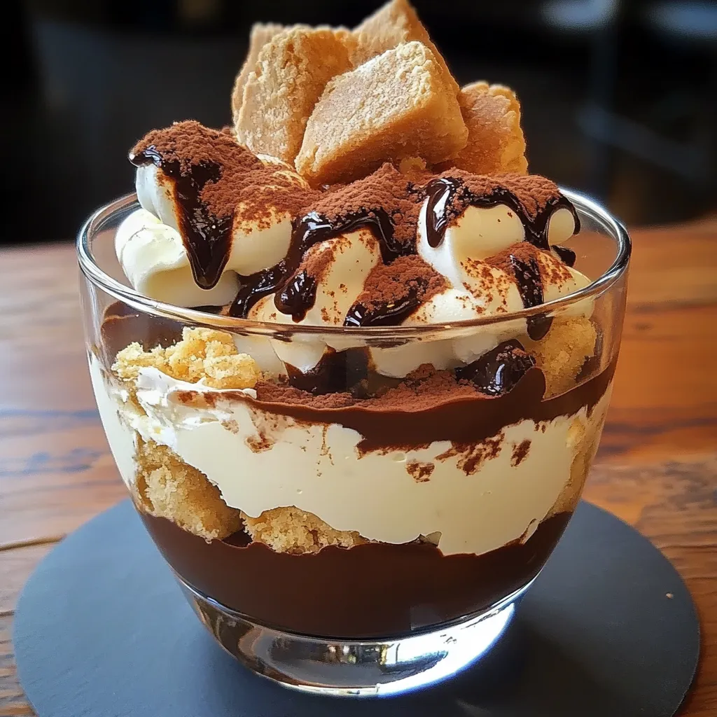 Tiramisu au chocolat avec chantilly croquante servi dans un plat, saupoudré de cacao.