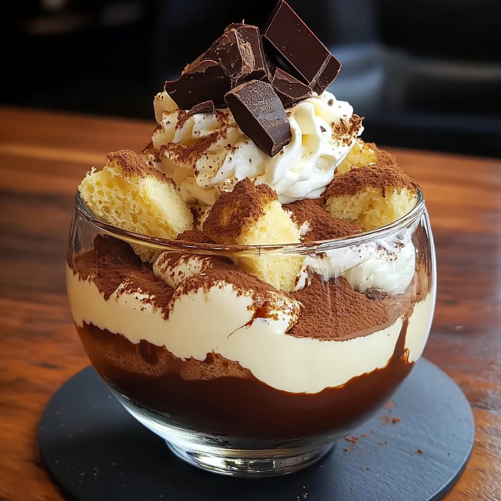 Tiramisu au chocolat avec chantilly croquante servi dans un plat, saupoudré de cacao.