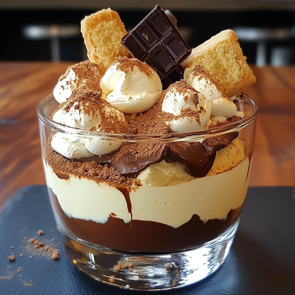 Tiramisu au chocolat avec chantilly croquante servi dans un plat, saupoudré de cacao.