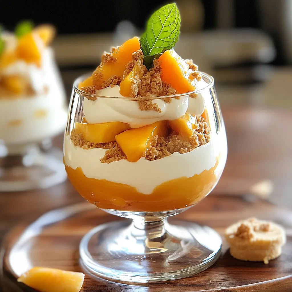 Un tiramisu pêche & caramel croquant servi dans une verrine, avec des couches de crème mascarpone, morceaux de pêches et éclats de caramel.
