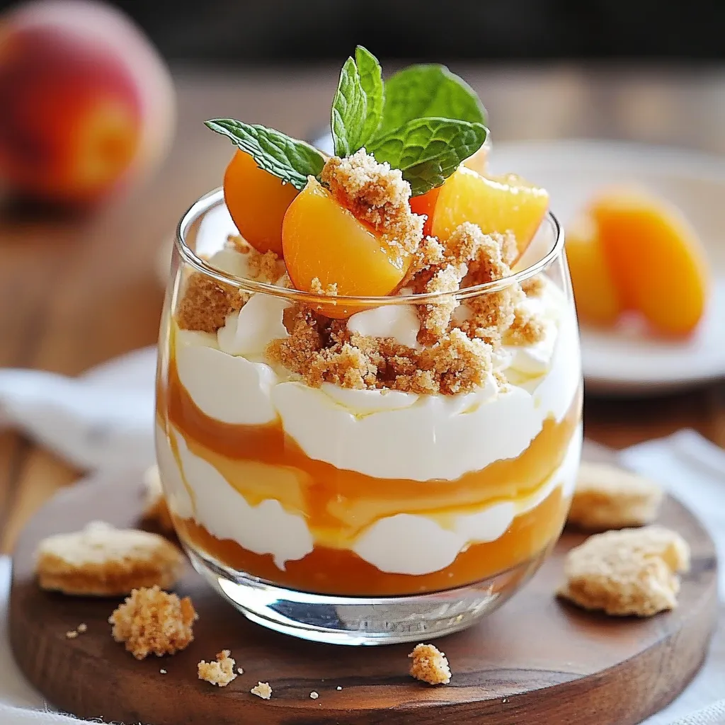 Un tiramisu pêche & caramel croquant servi dans une verrine, avec des couches de crème mascarpone, morceaux de pêches et éclats de caramel.