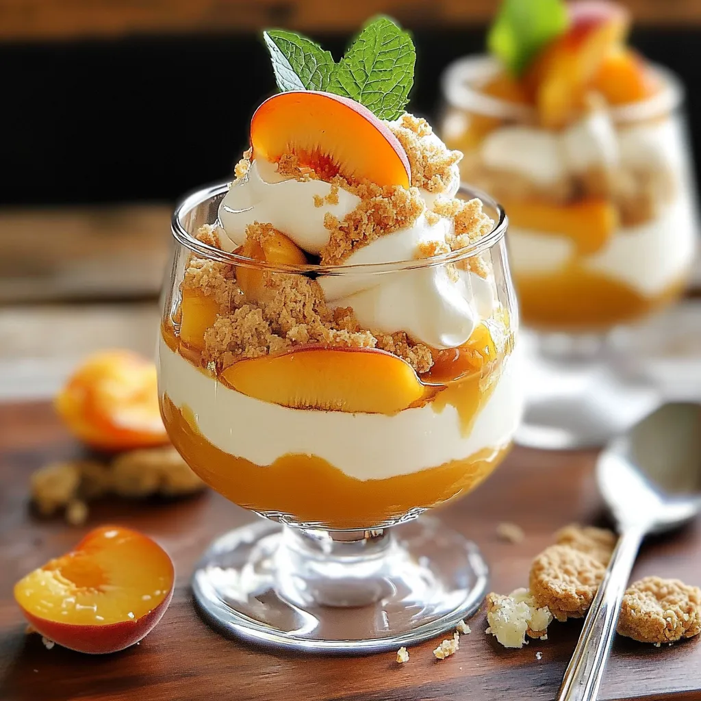 Un tiramisu pêche & caramel croquant servi dans une verrine, avec des couches de crème mascarpone, morceaux de pêches et éclats de caramel.